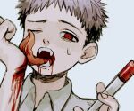  1boy bleeding blood blood_from_mouth blood_on_arm blush cropped gakudayo grey_background grey_hair holding holding_syringe licking_blood long_tongue male_focus mole mole_under_mouth one_eye_closed original red_eyes simple_background solo sweat syringe tongue tongue_out upper_body vampire 