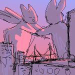  ambiguous_gender bridge bronzecatworld city cityscape duo evening eyes_closed hand_holding lagomorph leporid low_res macro mammal open_mouth rabbit sketch wings 