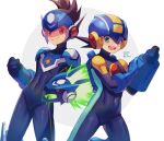  2boys :d arm_cannon artist_name blue_bodysuit blue_headwear blurry bodysuit brown_eyes brown_hair circle clenched_hand commentary covered_navel dated depth_of_field fire geo_stelar_(mega_man) green_eyes green_fire hand_on_own_arm happy helmet highres looking_at_viewer male_focus mega_man_(series) mega_man_battle_network mega_man_star_force megaman.exe multiple_boys omega-xis_(mega_man) open_mouth purple_bodysuit short_hair smile spiked_hair standing teeth twitter_username upper_teeth visor weapon white_background zero-go 