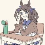  1girl animal_ears arm_on_table bangs blue_eyes blush bow bowtie brown_hair brown_jacket chair desk ear_piercing elbow_on_table grin hand_up horse_ears hoshino_arumi jacket long_hair long_sleeves looking_at_viewer mechanical_pencil notebook open_mouth pen pencil pencil_case piercing purple_shirt purple_skirt sailor_collar school_chair school_desk shirt simple_background sitting skirt smile solo teeth tosen_jordan_(umamusume) twintails twitter_username umamusume upper_body v white_bow white_bowtie 