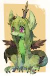  2014 3_fingers 3_toes broken_horn claws dragon extyrannomon_(artist) feathered_wings feathers feet female feral fingers fur green_body green_fur green_hair hair hi_res horn hybrid inner_ear_fluff kyisha purple_eyes simple_background sitting solo talons toes tuft wings 