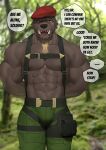  abs anthro biceps brown_body brown_fur bulge bulwyn canid canine canis chest_tuft domestic_dog eye_scar facial_scar fangs forest forest_background fur hi_res leash male mammal muscular muscular_male nature nature_background pecs plant scar soldier_uniform solo submissive submissive_male tree tuft 