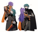  2boys 2girls assertive_female byleth_(fire_emblem) byleth_(fire_emblem)_(female) byleth_(fire_emblem)_(male) cape capelet covering_face embarrassed fire_emblem fire_emblem:_three_houses fire_emblem_warriors:_three_hopes green_hair hair_bun highres lifting_person long_hair looking_at_another medium_hair multiple_boys multiple_girls oratoza purple_hair shez_(fire_emblem) shez_(fire_emblem)_(female) shez_(fire_emblem)_(male) short_hair 