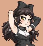  1girl armpits black_bow black_hair blake_belladonna bow breasts curly_hair hiru_made_ne-tarou long_hair looking_at_viewer navel open_mouth rwby simple_background solo yellow_eyes 