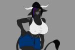  anthro big_breasts black_body black_fur black_hair bovid bovine breasts clothed clothing female fluffy fluffy_tail fur hair karnator mammal multicolored_hair nipple_outline one_eye_closed open_mouth open_smile partially_clothed purple_hair simple_background smile solo teeth two_tone_hair yellow_eyes 
