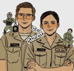  1boy 1girl :3 black_eyes black_hair brown_hair commentary_request crossed_arms glasses iaminosan military military_uniform natasha_&quot;phoenix&quot;_trace pilot_helmet pilot_suit robert_&quot;bob&quot;_floyd short_sleeves smile top_gun top_gun:_maverick uniform upper_body 