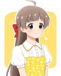 1girl ahoge bangs blush bow brown_eyes brown_hair closed_mouth commentary_request eyebrows_visible_through_hair hair_bow hakozaki_serika half_updo hanyu_(17602828) heart highres idolmaster idolmaster_million_live! long_hair looking_at_viewer notice_lines one_side_up puffy_short_sleeves puffy_sleeves red_bow short_sleeves smile solo 