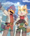  &lt;3 anthro avian bird blue_body canid canine city clothed clothing duo falco_lombardi fox fox_mccloud hi_res jrzkung male mammal nintendo nintendo_switch orange_body star_fox video_games 