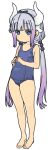  1girl bangs blue_eyes blunt_bangs blush collarbone dragon_girl dragon_horns eyebrows_visible_through_hair full_body hair_ornament highres horns imamura_ryou kanna_kamui kobayashi-san_chi_no_maidragon light_purple_hair long_hair low_twintails one-piece_swimsuit simple_background solo swimsuit twintails white_background 