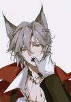  1boy 1other 57friend animal_ears arknights bangs cape cat_boy cat_ears dated doctor_(arknights) english_commentary fangs finger_in_another&#039;s_mouth gloves grey_background grey_hair hair_between_eyes highres long_sleeves male_focus open_mouth orange_eyes oripathy_lesion_(arknights) phantom_(arknights) phantom_(focus)_(arknights) simple_background twitter_username upper_body white_gloves 