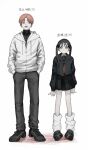  1boy 1girl black_footwear black_hair black_serafuku black_skirt brown_hair closed_mouth collarbone earrings eyebrows_visible_through_hair fang gakudayo grey_background hands_in_pockets height_difference highres hood hood_down hoodie jewelry light_brown_hair long_hair looking_at_another open_mouth original puddle puddle_of_blood purple_eyes ribbed_sweater school_uniform serafuku simple_background single_earring skirt sweater turtleneck turtleneck_sweater twintails uniform white_hoodie yellow_eyes zipper zipper_pull_tab 