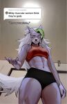  abs anthro big_hair bra canid canine canis clothing dialogue ear_piercing ear_ring english_text fangs female five_nights_at_freddy&#039;s five_nights_at_freddy&#039;s:_security_breach fur green_highlights hair hi_res highlights_(coloring) long_hair looking_at_viewer low-angle_view mammal mildly_muscular_women_think_they&#039;re_gods muscular muscular_female navel peache_bo piercing purple_body purple_fur roxanne_wolf_(fnaf) scottgames smile solo sports_bra sports_panties sportswear talking_to_viewer text thick_thighs underwear video_games white_hair white_tail wide_hips wolf worm&#039;s-eye_view yellow_eyes 