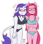  &lt;3 abs anthro bikini blue_eyeshadow blush breasts cleavage clothed clothing duo earth_pony equid equine eyeshadow female friendship_is_magic hair horn horse looking_at_viewer looking_away makeup mammal muscular muscular_anthro muscular_female my_little_pony pinkamena_(mlp) pinkie_pie_(mlp) pony pose rarity_(mlp) simple_background skinny_female straight_hair swimwear unicorn white_background 