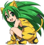  1girl animal_ears animal_hands animal_print breasts cat_ears cat_tail cham_cham fang full_body gloves green_eyes green_hair hiru_made_ne-tarou long_hair looking_at_viewer open_mouth paw_gloves paw_shoes samurai_spirits simple_background sketch small_breasts smile solo tail tiger_print white_background 
