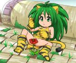  1girl animal_ears animal_hands animal_print breasts cat_ears cat_tail cham_cham convenient_censoring flower full_body gloves green_eyes green_hair hiru_made_ne-tarou long_hair paw_gloves paw_shoes samurai_spirits small_breasts solo tail tiger_print 