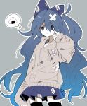  1girl absurdres blue_bow blue_eyes blue_hair blue_skirt bow debt eyebrows_visible_through_hair food grey_background hair_between_eyes hair_bow highres hood hoodie long_hair onigiri skirt thought_bubble touhou very_long_hair xx_asui yorigami_shion 