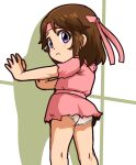  1girl ass blue_eyes brown_hair closed_mouth dress headband hiru_made_ne-tarou hokuto_no_ken lin_(hokuto_no_ken) looking_at_viewer panties pink_dress pink_headband short_dress short_hair solo underwear white_panties 