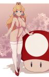  1girl blonde_hair blue_eyes breasts earrings high_heels highres jewelry lamb-oic029 large_breasts long_hair looking_at_viewer mario_(series) pink_swimsuit princess_peach pubic_hair red_footwear slingshot_swimsuit smile super_mushroom swimsuit thighhighs white_legwear 