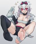  1girl arm_support bandaged_leg bandages bangs barefoot black_shorts blush borrowed_character breasts chest_sarashi choker cleavage crossed_bangs english_commentary eyebrows_visible_through_hair feet full_body fur_collar goggles goggles_on_head gradient_hair grey_background grey_hair hair_between_eyes hand_up highres holding holding_shoes jacket k-rha&#039;s knees_up large_breasts leaning_back legs looking_at_viewer medium_hair midriff multicolored_hair navel no_shoes open_mouth original pink_eyes purple_hair sarashi shiny shiny_skin shoes shorts single_thighhigh skindentation soles solo sweatdrop teeth thighhighs thighs toes upper_teeth white_footwear 