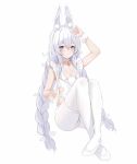  1girl absurdres ass azur_lane bangs braid choker commentary_request eyebrows_visible_through_hair full_body grey_eyes hair_between_eyes highres knees_to_chest kuyoumi le_malin_(azur_lane) le_malin_(listless_lapin)_(azur_lane) long_hair looking_at_viewer low-tied_long_hair low_ponytail official_alternate_costume pantyhose playboy_bunny sidelocks simple_background single_braid sleeveless solo symbol-shaped_pupils white_hair white_legwear wrist_cuffs 