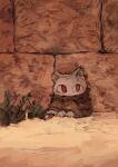  ambiguous_gender bronzecatworld clothing feral fur grass grey_body grey_fur paws plant red_eyes sand sitting solo unknown_species wall_(structure) 