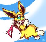  3_fingers 3_toes absurd_res anthro black_nose cloudscape eeveelution eyewear fangs feet fingers fur goggles hi_res jolteon knoxisnotdead looking_at_viewer male nintendo open_mouth pawpads paws pok&eacute;mon pok&eacute;mon_(species) scarf shrike_alvaron simple_background sky solo teal_eyes toes tongue video_games white_body white_fur yellow_body yellow_fur 