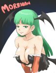  1girl bare_shoulders bat_wings breasts center_opening closed_mouth demon_girl elbow_gloves gloves green_eyes green_hair head_wings highres hiru_made_ne-tarou large_breasts lips long_hair looking_at_viewer morrigan_aensland solo vampire_(game) wings 