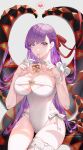  1girl bangs bare_shoulders bb_(fate) bb_(fate/extra) blush breasts cleavage collarbone fate/extra fate/extra_ccc fate_(series) hair_ribbon highres large_breasts long_hair looking_at_viewer purple_eyes purple_hair red_ribbon ribbon shei99 smile solo tentacles thighs very_long_hair 