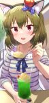  1girl absurdres animal_ears bangs blue_bow blue_ribbon blush bob_cut bow cat_ears cherry collarbone commentary_request cup drinking_glass drinking_straw eyebrows_visible_through_hair food fruit green_hair hair_bow highres holding holding_spoon ice_cream ice_cream_float idolmaster idolmaster_million_live! jewelry looking_at_viewer melon_soda nagayoshi_subaru necklace open_mouth pov red_eyes ribbon shadow shirt short_sleeves shuucream_(syuichi) solo spoon striped striped_shirt 