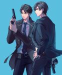  2boys aaron_yishmir_(tears_of_themis) artem_wing_(tears_of_themis) bangs bel_3001 belt black_jacket black_necktie black_pants blue_background blue_eyes brown_eyes brown_hair closed_mouth fingernails formal glock gun handgun hands_up highres holding holding_gun holding_weapon jacket multiple_boys necktie pants pistol police police_uniform polo_shirt pouch shirt simple_background tears tears_of_themis uniform weapon white_shirt 