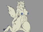  4:3 anthro athletic athletic_female blue_eyes breasts canid canine canis claws female fluffy fluffy_tail fur genitals karnator kneeling mammal nipples pussy simple_background smile solo thick_thighs white_body white_fur wolf 