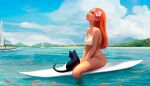  1girl animal beach bikini bird black_cat boat breasts cat cleavage cloud cloudy_sky earrings english_commentary fish flower from_side green_eyes grin hair_flower hair_ornament jewelry looking_up medium_breasts mountainous_horizon ocean orange_hair original ross_tran sailboat scenery sitting sky smile surf surfboard swimsuit watercraft 