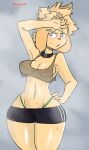  animal_crossing anthro areola blush bodily_fluids bottomwear breasts canid canine canis clothed clothing domestic_dog female fur hair hi_res isabelle_(animal_crossing) mammal nintendo nipples shih_tzu shorts simple_background solo sweat tommyowo toy_dog translucent translucent_clothing video_games yellow_body yellow_fur 