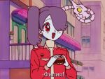  1990s_(style) 1girl burger firemauer food holding open_mouth purple_hair red_eyes retro_artstyle short_hair skullgirls smile solo squigly_(skullgirls) 