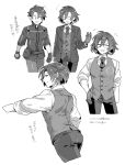  2boys :d belt_pouch clenched_hands closed_eyes collared_shirt command_spell constantine_xi_(fate) cowboy_shot cropped_legs earrings fate/grand_order fate_(series) formal from_behind fujimaru_ritsuka_(male) fujimaru_ritsuka_(male)_(polar_chaldea_uniform) glasses gloves greyscale hair_between_eyes hand_on_hip jewelry looking_at_another looking_back male_focus monochrome multiple_boys multiple_views necktie notice_lines nukaduke000 pants pouch shirt short_hair short_sleeves simple_background sleeves_rolled_up smile suit talking vest waistcoat white_background 