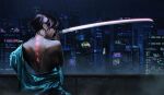  1girl absurdres back_tattoo bare_back black_hair blurry blurry_background cityscape earrings from_behind highres holding holding_sword holding_weapon japanese_clothes jewelry katana kimono looking_to_the_side night off_shoulder original palsonart rain samurai short_hair solo sword tattoo upper_body weapon 