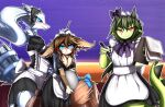  absurd_res anthro apron blue_eyes bow_ribbon brown_body brown_fur brown_hair brown_nose clothing eevee embarrassed female fur green_body green_hair green_skin group hair half-length_portrait hi_res horn knoxisnotdead kobold legendary_pok&eacute;mon looking_at_viewer maid_apron maid_headdress maid_uniform male nintendo notebook pen pok&eacute;mon pok&eacute;mon_(species) portrait red_eyes reshiram ribbons ring simple_background smile tray trio uniform video_games white_body white_fur 