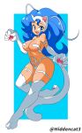  animal_humanoid big_breasts blue_background blue_eyes blue_hair breasts capcom cat_humanoid cleavage clothed clothing darkstalkers felicia_(darkstalkers) felid felid_humanoid feline feline_humanoid female hair hi_res hidden-cat humanoid looking_at_viewer mammal mammal_humanoid navel nude pose simple_background smile smiling_at_viewer solo tan_body tan_skin thick_thighs video_games wide_hips 