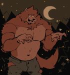  anthro brown_body brown_fur canid canine canis clothing crescent_moon forest fur hi_res male mammal moon muscular muscular_male night pecs plant red_body red_fur soildweller solo torn_clothing tree were werecanid werecanine werewolf wolf 