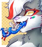  absurd_res anthro auto_vore bloodlust(wolfycreator) blue_tongue bodily_fluids breasts canid canine canis duo female fur hair hair_over_eye hi_res inner_ear_fluff long_tongue mammal micro one_eye_obstructed open_mouth oral_vore saliva scarf squirre2ly tongue tongue_out tuft vore wolf wolf_wolfindeir 