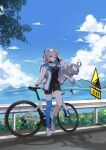  1girl absurdres ai_ke_le_de_xiao_hong asymmetrical_legwear bangs bicycle bike_shorts black_choker black_shirt black_shorts blue_legwear blue_sky bronya_zaychik choker cloud cloudy_sky full_body goggles goggles_on_head grey_eyes grey_hair ground_vehicle highres holding holding_phone honkai_(series) honkai_impact_3rd jacket jewelry long_hair long_sleeves looking_at_viewer mismatched_legwear mountainous_horizon necklace open_mouth outdoors phone road shadow shirt shoes shorts signpost sky sneakers solo standing water white_footwear white_jacket 