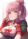  1girl :q armor bangs blunt_bangs blush bow breasts brown_cape cape cleavage closed_mouth dress earrings fire_emblem fire_emblem:_three_houses fire_emblem_warriors:_three_hopes gloves hair_bun hilda_valentine_goneril hoop_earrings jewelry large_breasts looking_at_viewer mixed-language_commentary pink_dress pink_eyes pink_hair ponytail puffy_short_sleeves puffy_sleeves red_bow red_dress red_gloves short_sleeves shoulder_armor single_hair_bun solo ten_(tenchan_man) tongue tongue_out two-tone_dress upper_body 