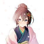  1girl bangs black_hair blue_eyes bungou_stray_dogs hair_bun izumi_kyouka_(bungou_stray_dogs) japanese_clothes kimono looking_at_viewer simple_background single_hair_bun solo tohoko_kiri 