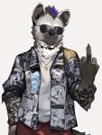  anthro arknights arm_tattoo black_hair black_nose claws clothed clothing collar cross eyewear fully_clothed fur gesture grey_body grey_fur gundanw hair hyaenid hypergryph male mammal middle_finger multicolored_body multicolored_fur multicolored_hair open_clothing open_shirt open_topwear shirt simple_background solo spot_(arknights) spotted_hyena studio_montagne sunglasses sunglasses_on_face tattoo topwear two_tone_body two_tone_fur two_tone_hair video_games 