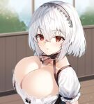  1girl azur_lane bangs breasts commentary_request eyebrows_visible_through_hair grey_hairband hair_between_eyes hairband large_breasts looking_at_viewer puffy_short_sleeves puffy_sleeves red_eyes shirt short_hair short_sleeves sirius_(azur_lane) solo suminagashi upper_body white_hair white_shirt 