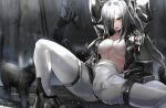  1girl animal animal_ear_fluff animal_ears arknights arms_up black_cat black_footwear black_jacket breasts cameltoe cat cat_ears fangs feet_out_of_frame grey_hair hair_over_one_eye haowei_wu highres jacket large_breasts leaning_back long_hair looking_at_viewer navel no_bra official_alternate_costume on_ground open_clothes open_jacket open_mouth outdoors pants rain schwarz_(arknights) schwarz_(skyline)_(arknights) sitting solo spread_legs thigh_strap tight tight_pants unzipped v-shaped_eyebrows very_long_hair white_pants yellow_eyes 