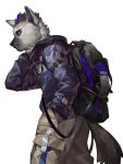  anthro arknights backpack black_hair black_nose clothed clothing fully_clothed fur grey_body grey_fur gundanw hair hand_in_pocket hand_on_neck hyaenid hypergryph jacket male mammal multicolored_body multicolored_fur multicolored_hair pockets simple_background solo spot_(arknights) spotted_hyena studio_montagne topwear two_tone_body two_tone_fur two_tone_hair video_games 