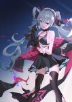  1girl 39 aqua_eyes aqua_hair black_bra black_skirt black_thighhighs bra collarbone commentary dated_commentary digital_stars digital_stars_miku digital_stars_miku_(2022) english_commentary fake_horns feet_out_of_frame floating_hair hatsune_miku headphones highres holding holding_microphone horn_ornament horns itsukitoo jacket long_hair microphone miniskirt open_clothes open_jacket open_mouth shoulder_tattoo single_bare_arm skindentation skirt smile solo standing star_(symbol) star_print tattoo thighhighs torn_clothes torn_thighhighs tsurime twintails two-sided_fabric two-sided_skirt underwear very_long_hair vocaloid 