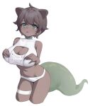  1girl absurdres ahoge animal_ears bare_arms bare_shoulders bra breasts brown_hair cleavage cleavage_cutout clothing_cutout cropped_legs dark_skin fox_ears fox_girl fox_tail highres large_breasts looking_at_viewer navel original panties rable short_hair solo stomach tail thigh_strap thighs underwear underwear_only white_bra white_panties 