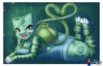  2022 all_fours anthro border breasts bulbasaur bumblebun butt claws clothed clothing curvy_figure denim denim_clothing digital_media_(artwork) eyelashes facial_markings fangs feet female finger_claws green_background green_body head_markings leaf leg_markings legwear lying markings nintendo open_mouth overalls pattern_clothing pattern_legwear pattern_thigh_highs pattern_topwear pok&eacute;mon pok&eacute;mon_(species) red_eyes simple_background solo striped_clothing striped_legwear striped_thigh_highs striped_topwear stripes thigh_highs toe_claws toeless_thigh_highs tongue topwear video_games vines voluptuous white_border widescreen 